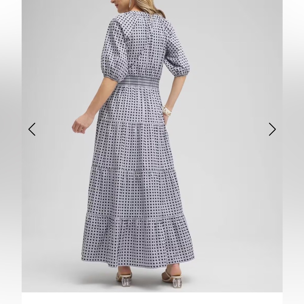Chico’s Poplin Basket Weave Maxi Dress Smocked Tassel Blue White Chicos Size 3 - Picture 2 of 13